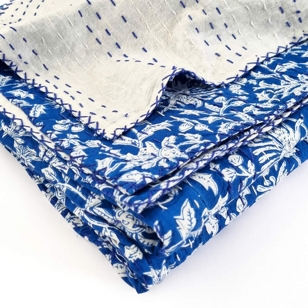 Single Size Blue & White Cotton Kantha