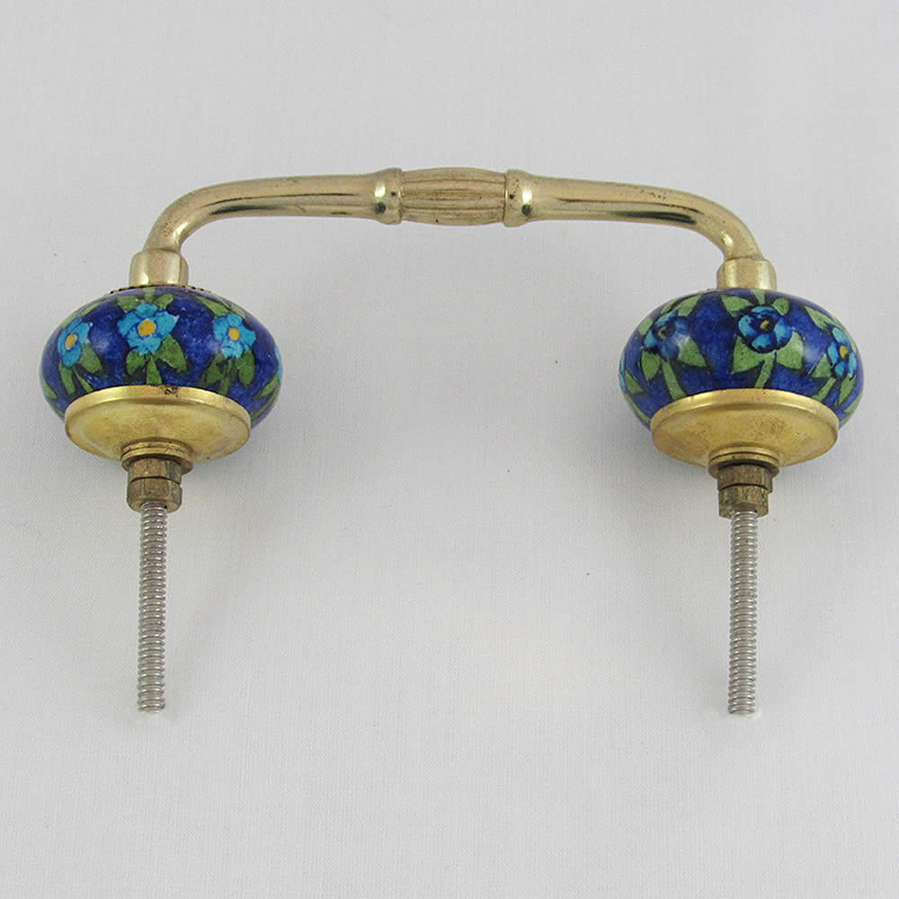 Ceramic Handles  in Brass - Double Blue