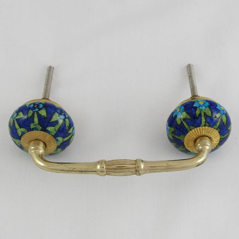 Ceramic Handles  in Brass - Double Blue