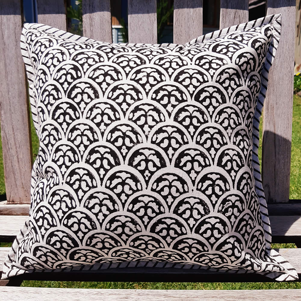 Canvas Cushion Cover - Black Scallop Repeat