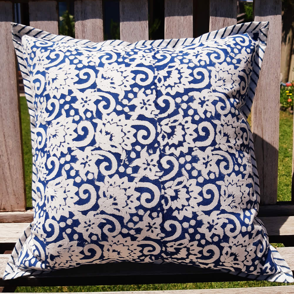 Canvas Cushion Cover - Blue Flower Motif