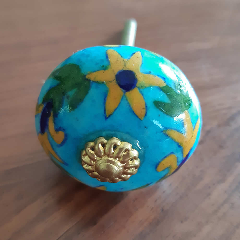 Ceramic Door Knob - Turquoise Flowers