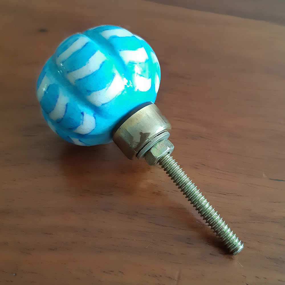 Ceramic Door Knob - White & Turquoise Stripes