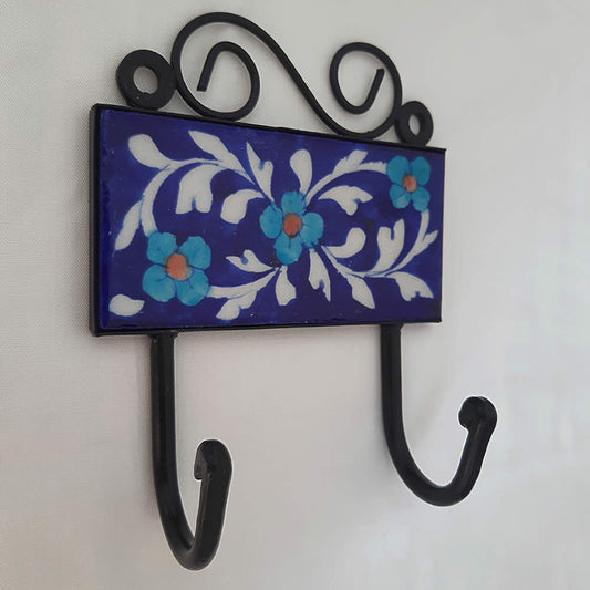 Ceramic Double Coat Hook - Dark Blue Floral