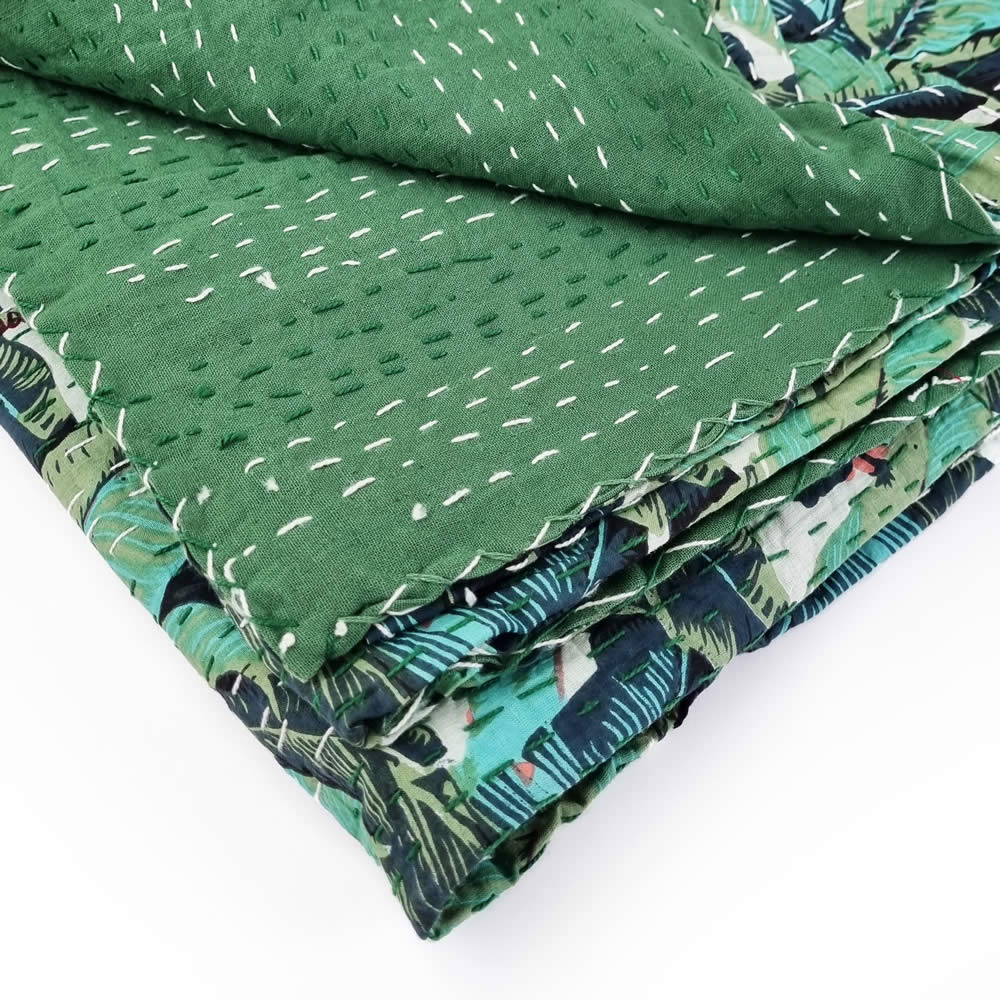 Single Size Forest Green Cotton Kantha