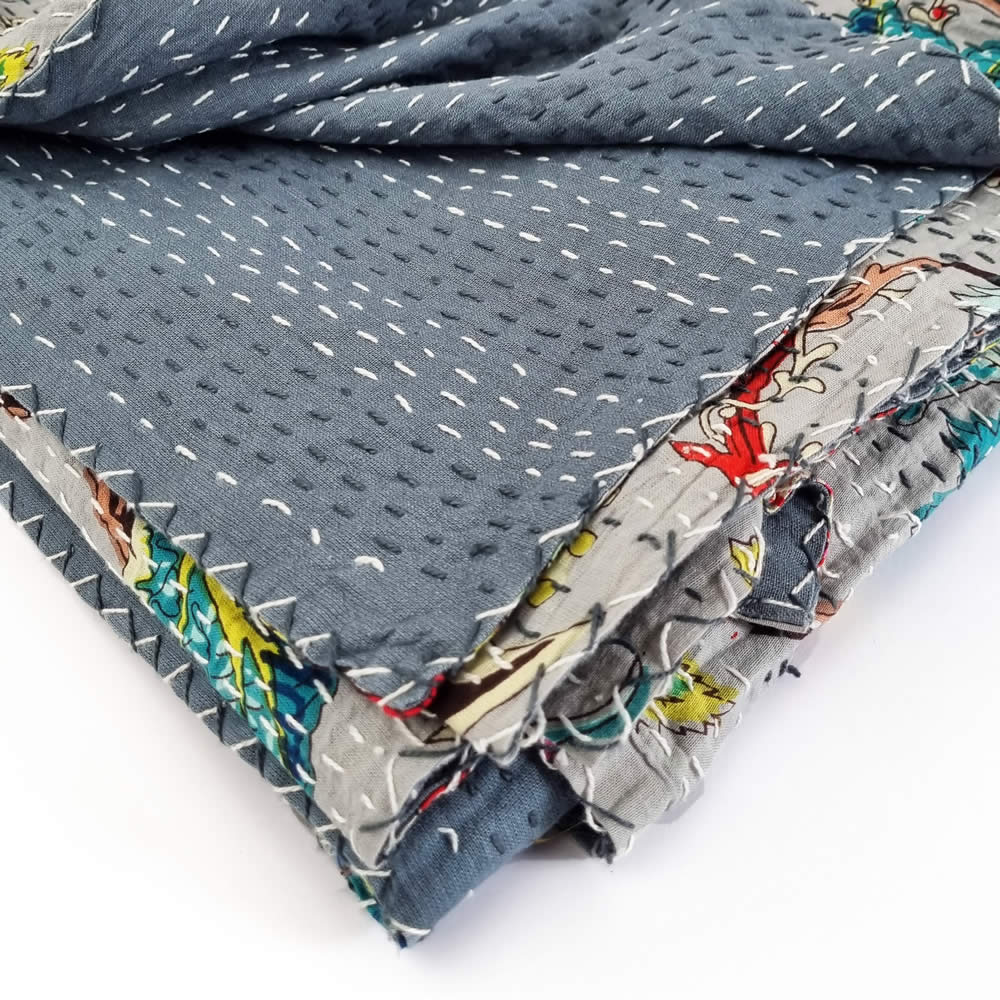 Single Size Grey Cotton Kantha