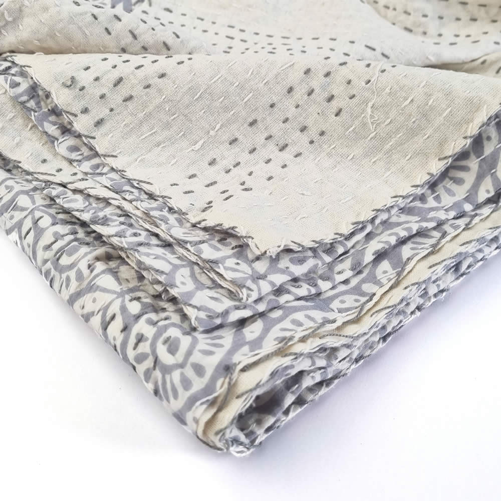 Single Size White & Grey Cotton Kantha