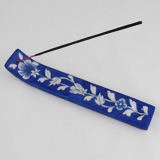 Pottery - Long Incense Holder - Dark Blue Floral