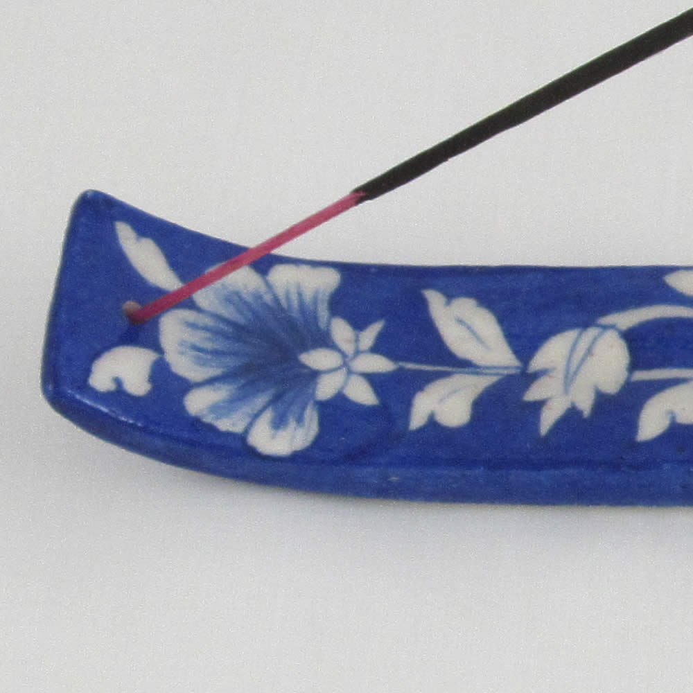 Pottery - Long Incense Holder - Dark Blue Floral