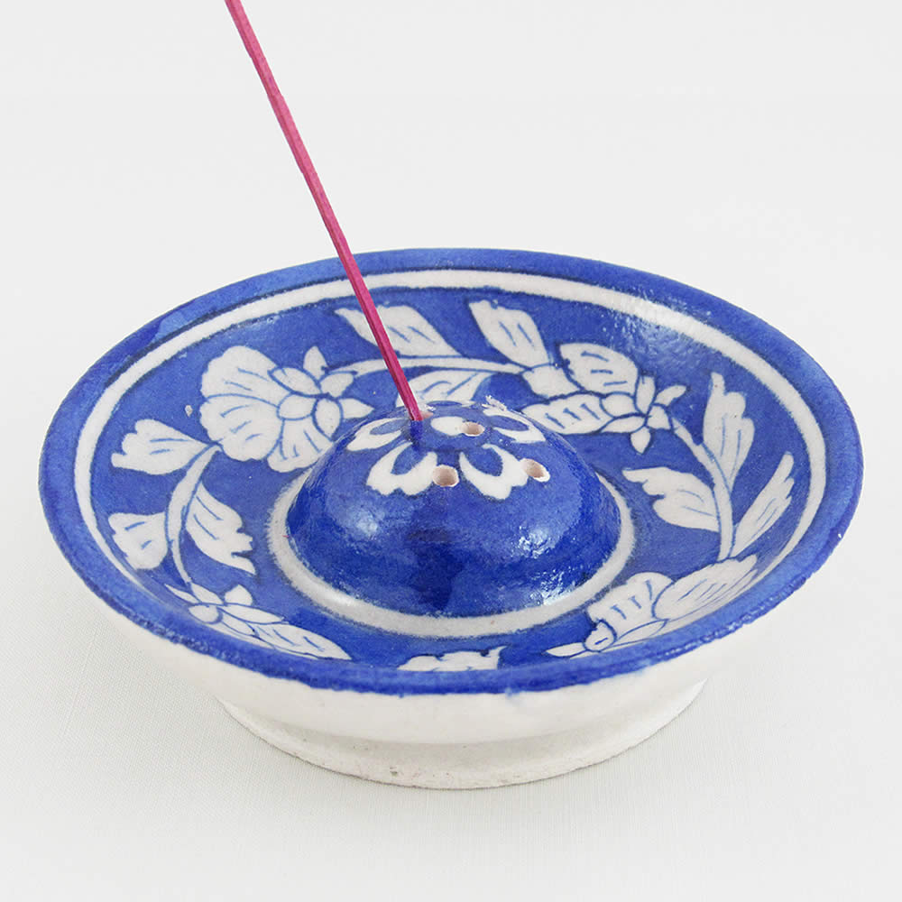 Round Incense Holder - Dark Blue Floral