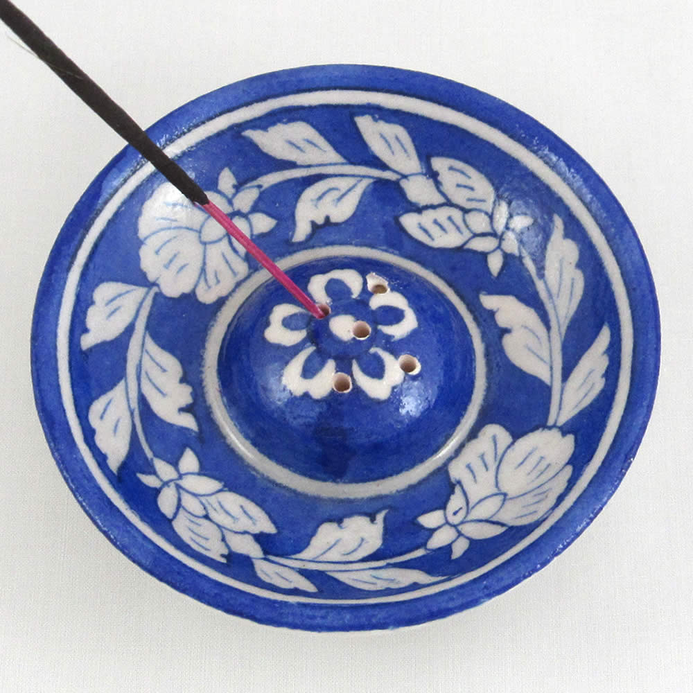 Round Incense Holder - Dark Blue Floral