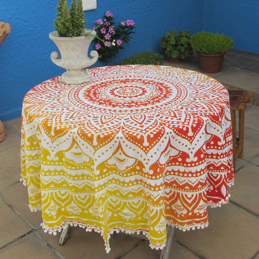 Round Table Cloth - Orange White Mandala