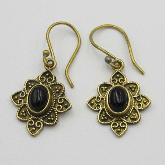 Brass-Plated Drop Earrings with Black Bead