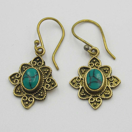 Brass-Plated Drop Earrings with Turquoise Bead