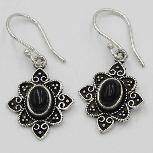 Silver-Plated Drop Earrings with Black Bead