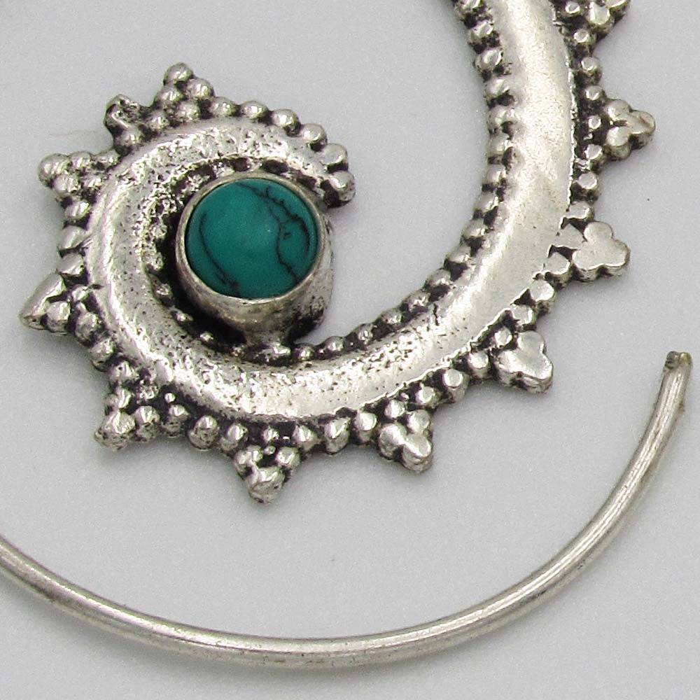 Silver-Plated Spiral Earrings with Turquoise Bead