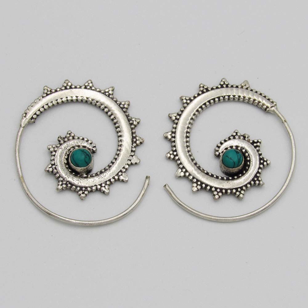 Silver-Plated Spiral Earrings with Turquoise Bead