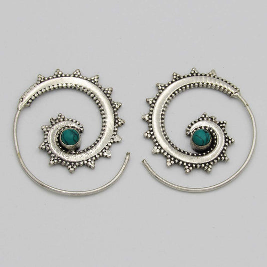 Silver-Plated Spiral Earrings with Turquoise Bead