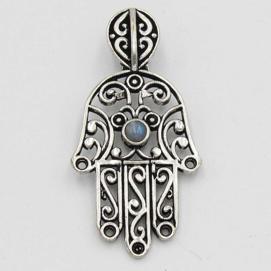 Hand Pendant with Grey Bead - Silver Plated