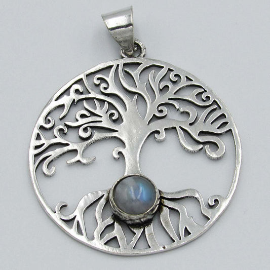 Tree of Life Pendant with Grey Bead - Silver Plated