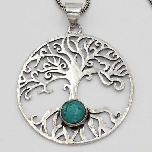 Tree of Life Pendant with Turquoise Bead - Silver Plated