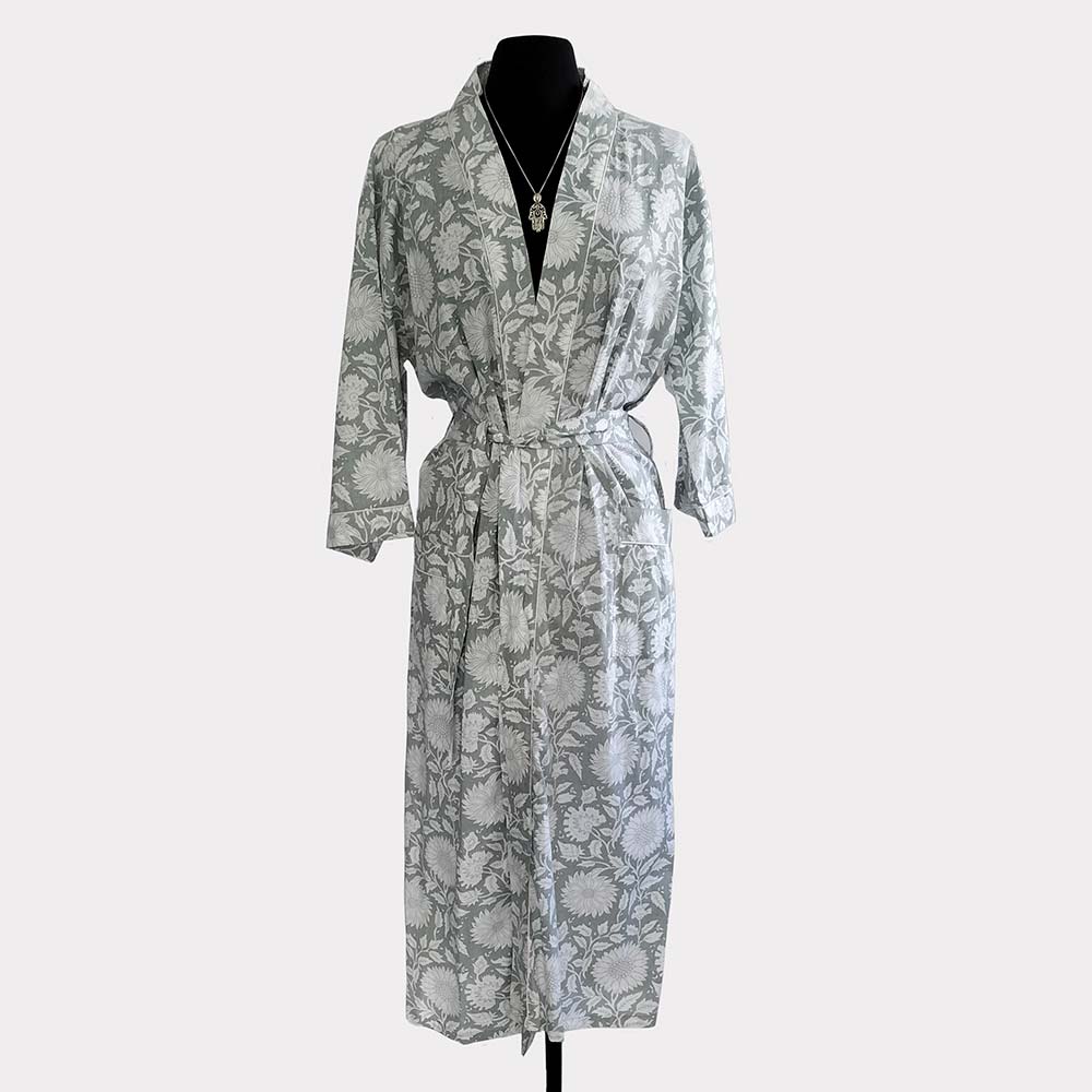 Ladies Cotton Dressing Gown - Grey and White Floral Pattern