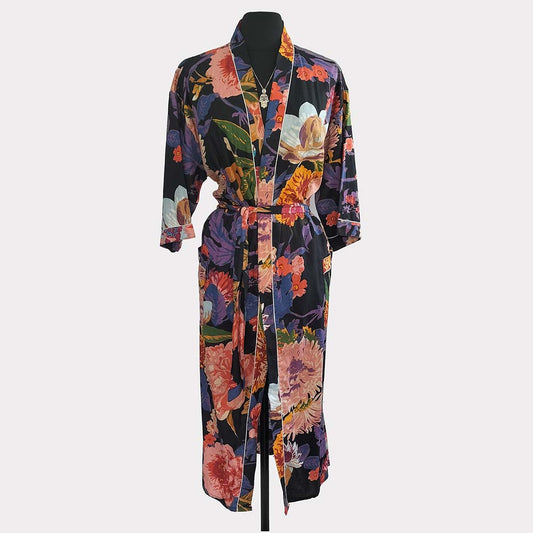 Ladies Cotton Dressing Gown - Black Floral Pattern