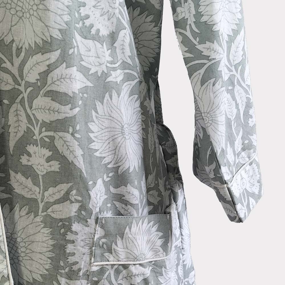 Ladies Cotton Dressing Gown - Grey and White Floral Pattern