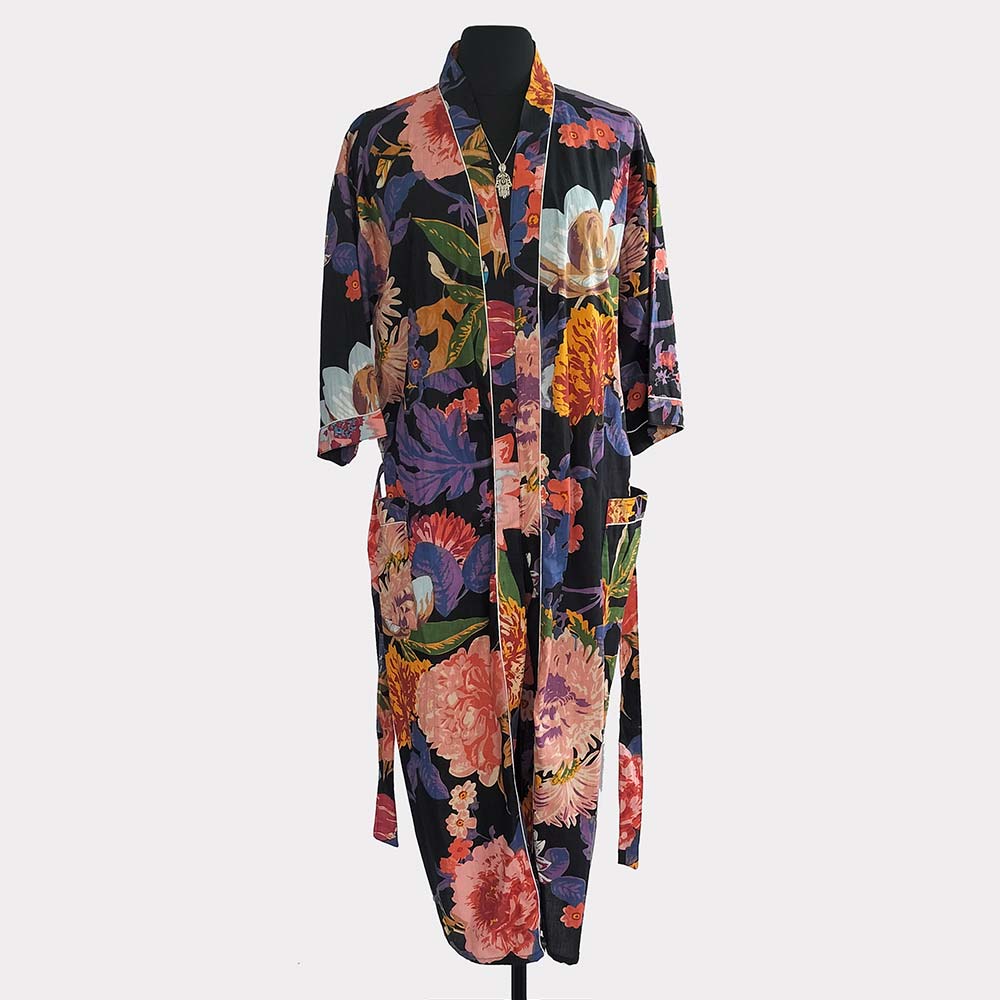 Ladies Cotton Dressing Gown - Black Floral Pattern