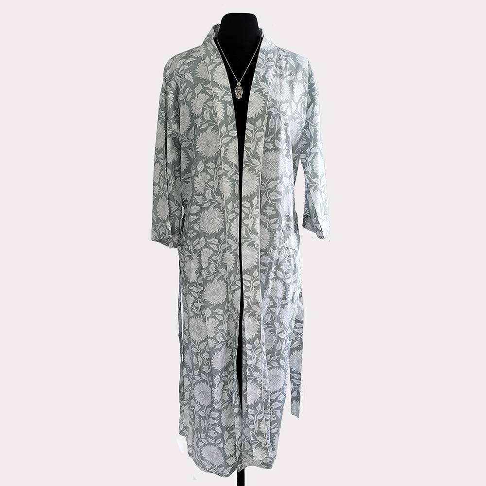 Ladies Cotton Dressing Gown - Grey and White Floral Pattern