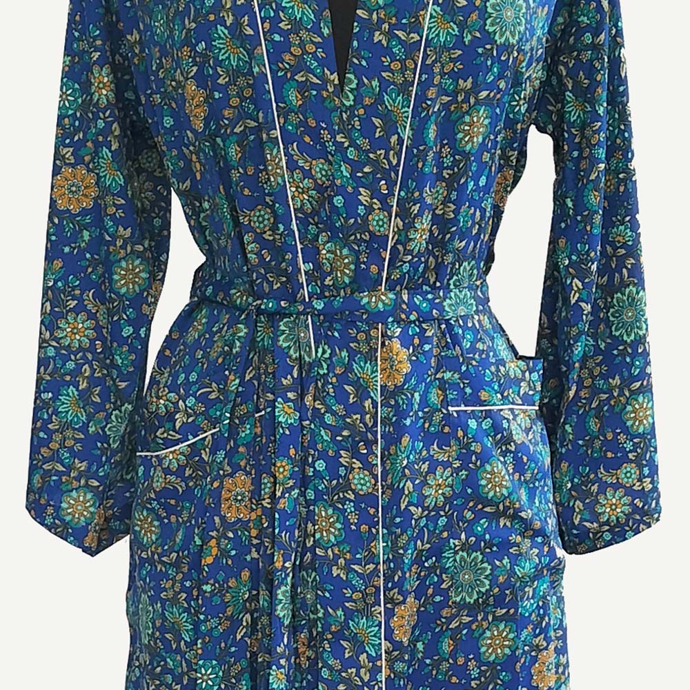 Ladies Dressing Gown - Light Blue Floral Pattern