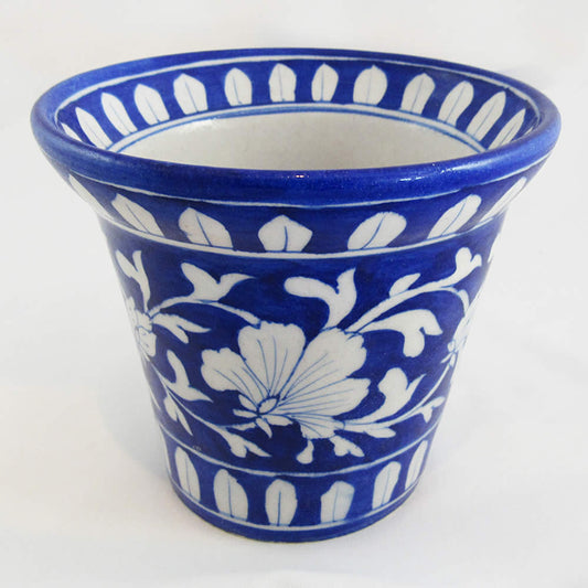 Pottery - Large Planter Pot - White Floral Motif on Blue