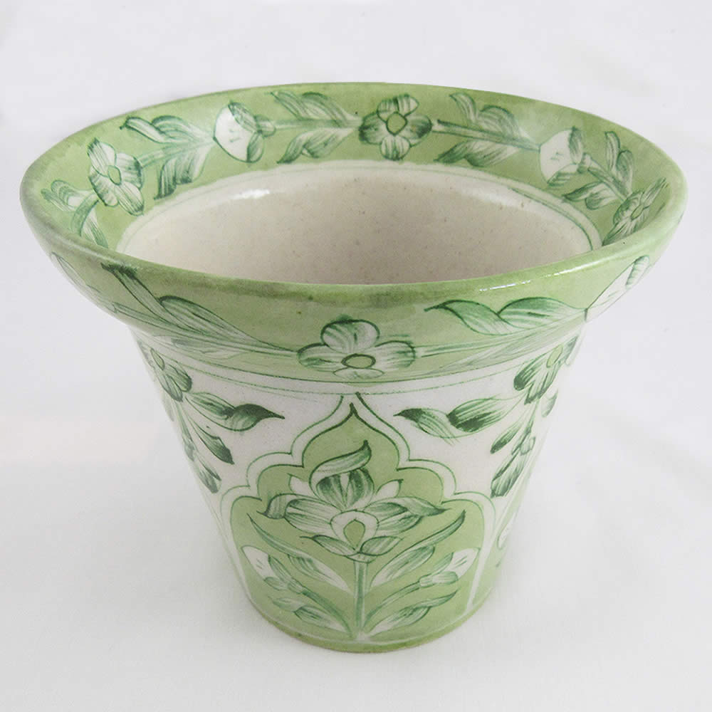 Pottery - Large Planter Pot - Floral Motif on Green