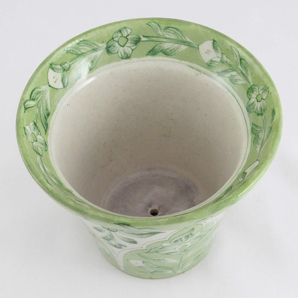 Pottery - Large Planter Pot - Floral Motif on Green