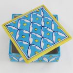 Pottery:Square Box/Turquoise and Yellow