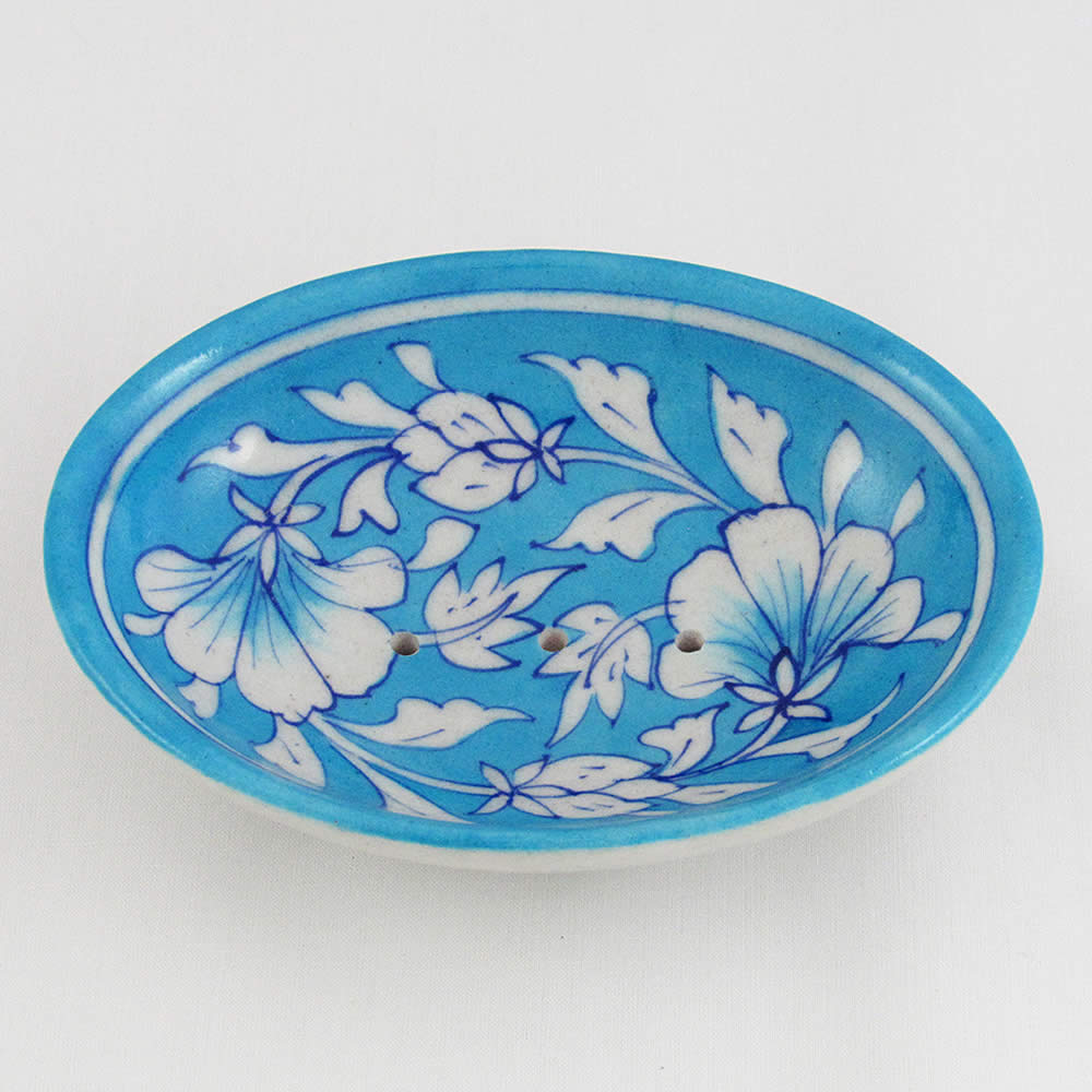 Soap Dish - White and Turquoise Floral Pattern