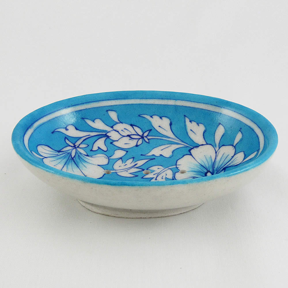 Soap Dish - White and Turquoise Floral Pattern