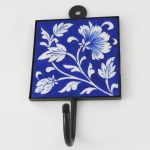 Ceramic :Tile Hook 4 x 4/Blue with White Flowers