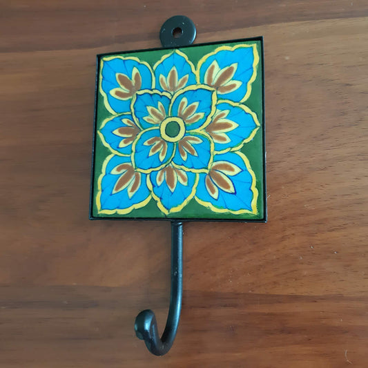 Ceramic Hook - Green with Flowers