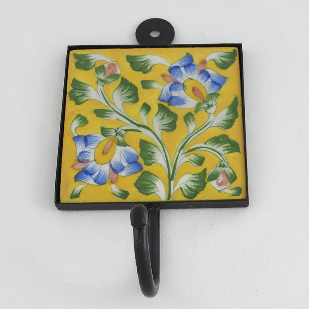 Ceramic Hook - Yellow with Blue Flowers