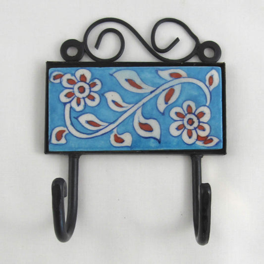 Ceramic Hook - Turquoise with Red Flowers