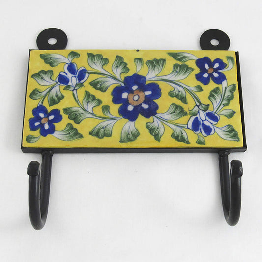 Ceramic Hook - Blue Flowers on Yellow