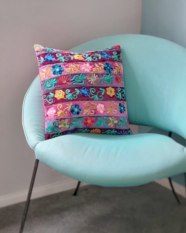 Cushions - Embroidered floral Pink cushion with blue backing - Image 3
