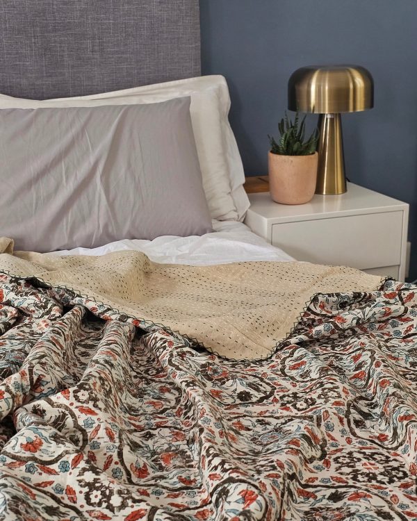Bedspread Queen (Kantha) Screen Print Gudari (2 layer) - Cream Ornate - Image 6