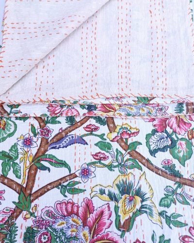 Bedspread Queen (Kantha) Screen Print Gudari (2 layer) - Cream Floral