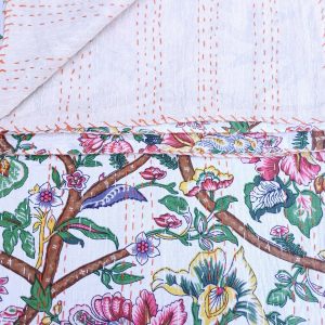 Bedspread Single (Kantha) Screen Print Gudari (2 layer) - Cream Floral