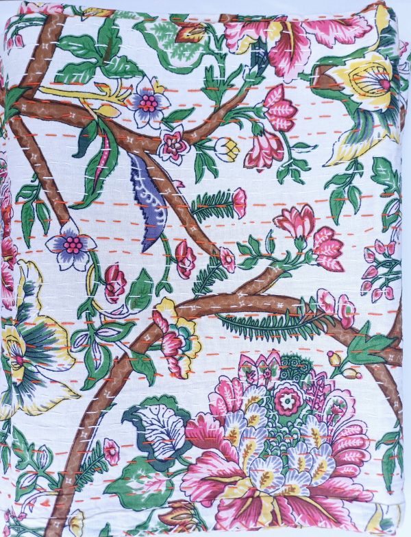 Bedspread Queen (Kantha) Screen Print Gudari (2 layer) - Cream Floral - Image 2