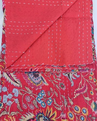 Bedspread Queen (Kantha) Screen Print Gudari (2 layer) - Red Floral