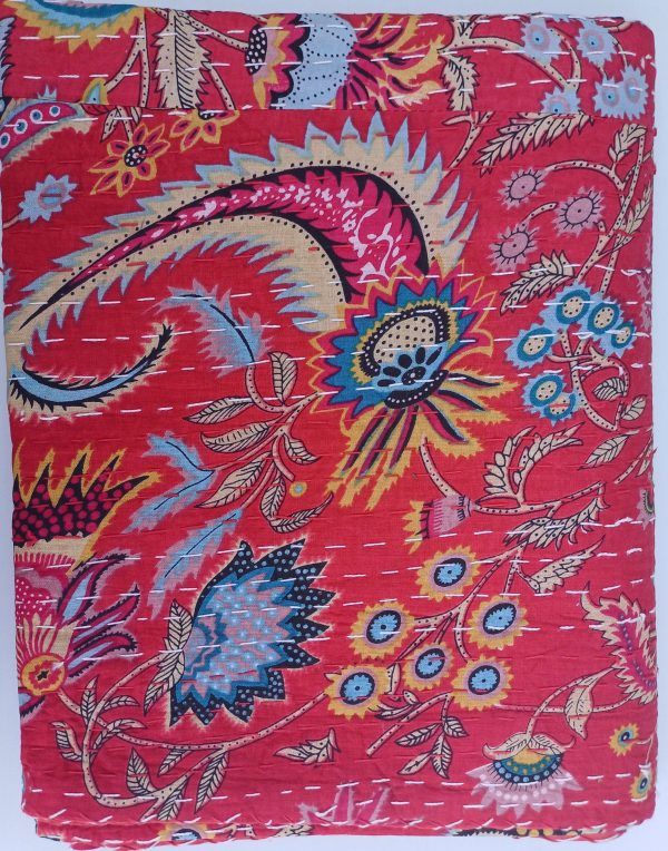 Bedspread Queen (Kantha) Screen Print Gudari (2 layer) - Red Floral - Image 2