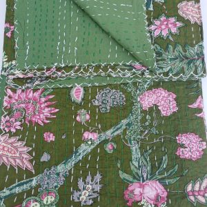 Bedspread Queen (Kantha) Screen Print Gudari (2 layer) - Olive Floral
